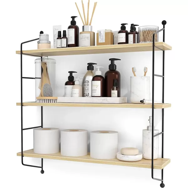 imageSorbus Floating Shelf with Metal Brackets  Wall Mounted Rustic Wood Wall Storage Decorative Hanging Display for Trophy Photo Frames Collectibles and Much More 3Tier  GrayMaple