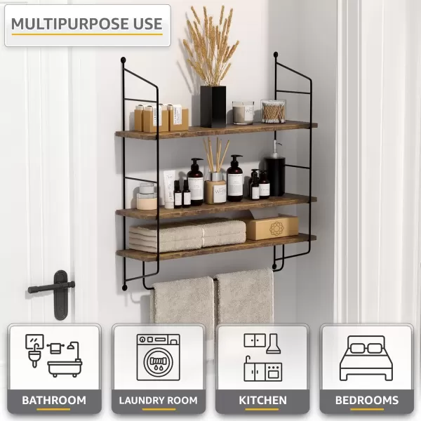 imageSorbus Floating Shelf with Metal Brackets  Wall Mounted Rustic Wood Wall Storage Decorative Hanging Display for Trophy Photo Frames Collectibles and Much More 3Tier  GrayBrown