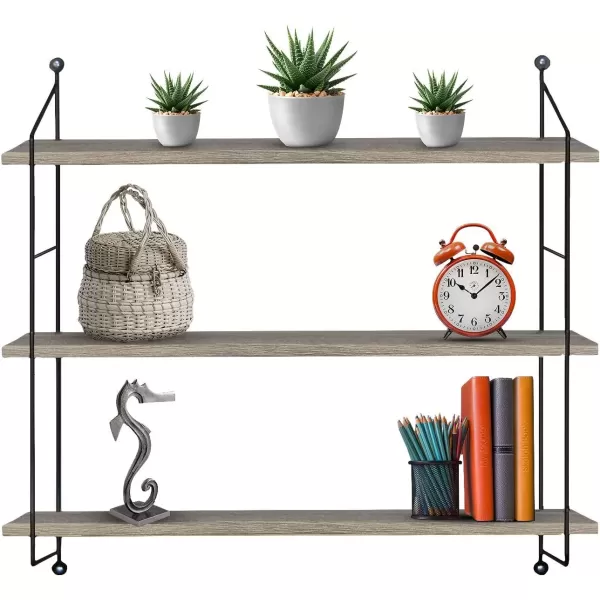 imageSorbus Floating Shelf with Metal Brackets  Wall Mounted Rustic Wood Wall Storage Decorative Hanging Display for Trophy Photo Frames Collectibles and Much More 3Tier  GrayGrey