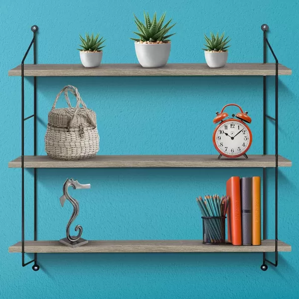 imageSorbus Floating Shelf with Metal Brackets  Wall Mounted Rustic Wood Wall Storage Decorative Hanging Display for Trophy Photo Frames Collectibles and Much More 3Tier  GrayGrey