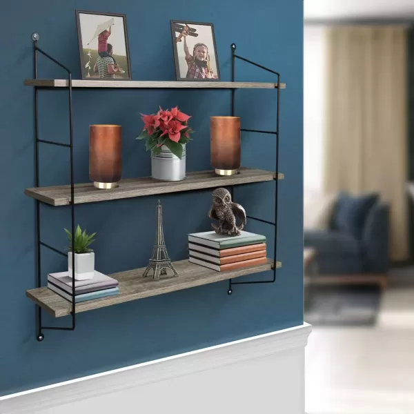 imageSorbus Floating Shelf with Metal Brackets  Wall Mounted Rustic Wood Wall Storage Decorative Hanging Display for Trophy Photo Frames Collectibles and Much More 3Tier  GrayGrey