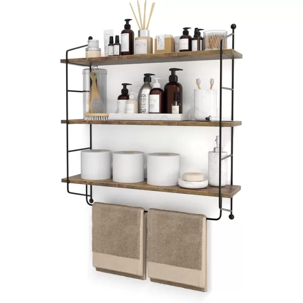 imageSorbus Floating Shelf with Metal Brackets  Wall Mounted Rustic Wood Wall Storage Decorative Hanging Display for Trophy Photo Frames Collectibles and Much More 3Tier  GrayBrown