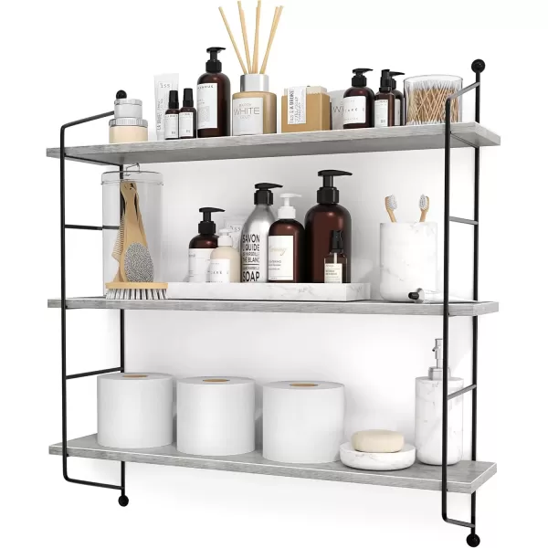 imageSorbus Floating Shelf with Metal Brackets  Wall Mounted Rustic Wood Wall Storage Decorative Hanging Display for Trophy Photo Frames Collectibles and Much More 3Tier  GrayGrey