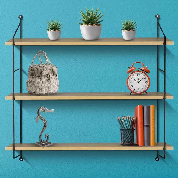 imageSorbus Floating Shelf with Metal Brackets  Wall Mounted Rustic Wood Wall Storage Decorative Hanging Display for Trophy Photo Frames Collectibles and Much More 3Tier  GrayMaple