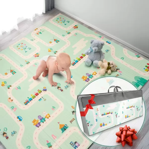 imageSorbus Foldable Baby Play Mat Kids Foam Mats for Floor with Travel Bag  Waterproof Foldable Play Mats for Babies Infants Toddlers and Kids Playtime ampamp Tummy Time 78x70x04 Charming NeighborhoodRoad Trip Route