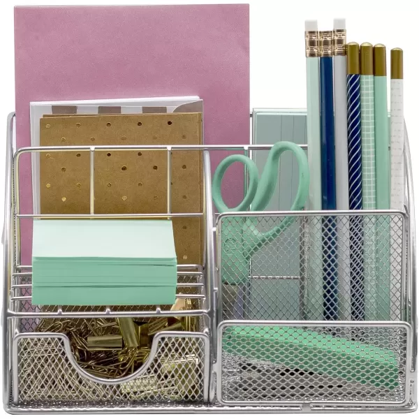imageSorbus Rose Gold Desk Organizer for Women Cute Office Supplies Accessories AllinOne Desktop Caddy Includes PenPencil Holder Mail Organizer and Sliding Drawer for Home or OfficeCopperRose GoldAllinOne Caddy  Silver