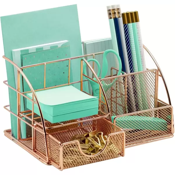 imageSorbus Rose Gold Desk Organizer for Women Cute Office Supplies Accessories AllinOne Desktop Caddy Includes PenPencil Holder Mail Organizer and Sliding Drawer for Home or OfficeCopperRose GoldAllinOne Caddy  CopperRose Gold
