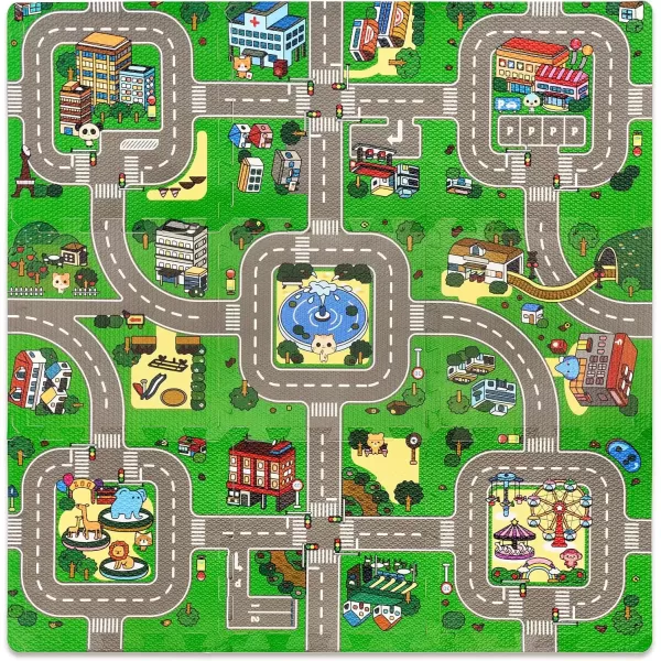 imageSorbus Traffic Play mat Puzzle Foam Interlocking Tiles  Kids Road Traffic Play Rug  Children Educational Playmat Rug  Great for Playing with Toy Cars Trucks 9 Tiles with Borders9 Piece  Block