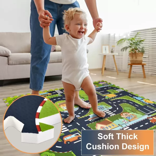 imageSorbus Traffic Play mat Puzzle Foam Interlocking Tiles  Kids Road Traffic Play Rug  Children Educational Playmat Rug  Great for Playing with Toy Cars Trucks 9 Tiles with Borders12 Piece  Town