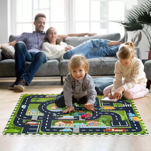 imageSorbus Traffic Play mat Puzzle Foam Interlocking Tiles  Kids Road Traffic Play Rug  Children Educational Playmat Rug  Great for Playing with Toy Cars Trucks 9 Tiles with Borders12 Piece  Town