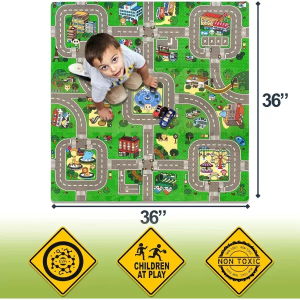 imageSorbus Traffic Play mat Puzzle Foam Interlocking Tiles  Kids Road Traffic Play Rug  Children Educational Playmat Rug  Great for Playing with Toy Cars Trucks 9 Tiles with Borders9 Piece  Block