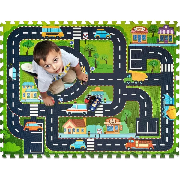 imageSorbus Traffic Play mat Puzzle Foam Interlocking Tiles  Kids Road Traffic Play Rug  Children Educational Playmat Rug  Great for Playing with Toy Cars Trucks 9 Tiles with Borders12 Piece  Town