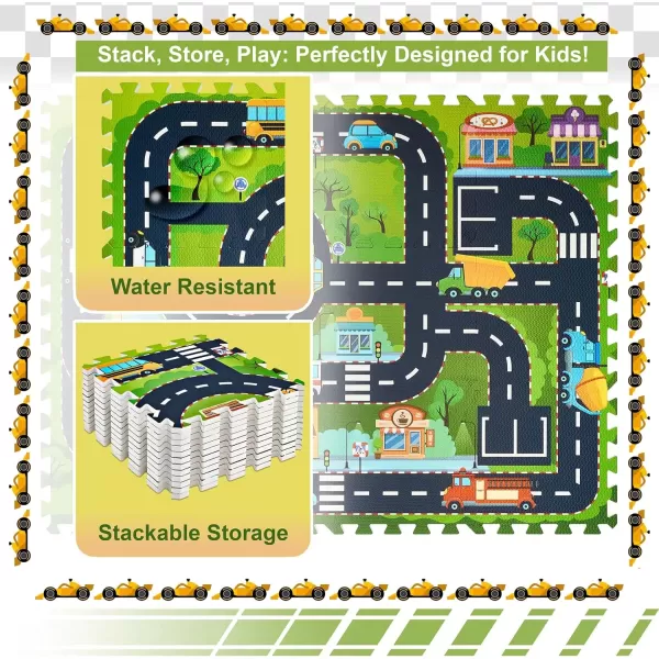 imageSorbus Traffic Play mat Puzzle Foam Interlocking Tiles  Kids Road Traffic Play Rug  Children Educational Playmat Rug  Great for Playing with Toy Cars Trucks 9 Tiles with Borders12 Piece  Town