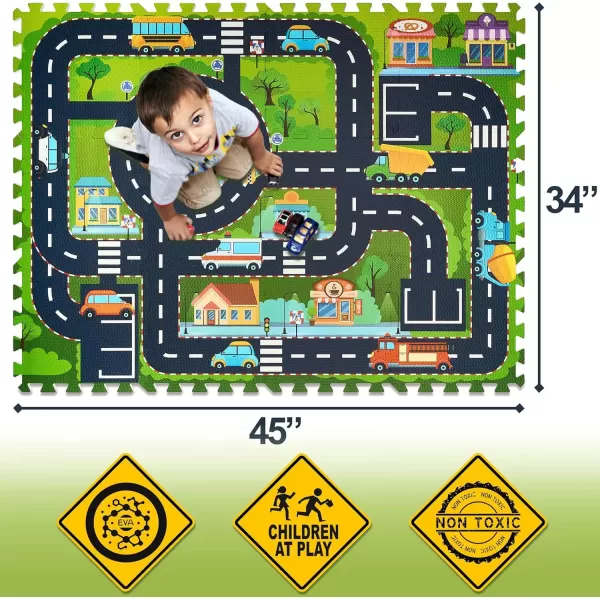 imageSorbus Traffic Play mat Puzzle Foam Interlocking Tiles  Kids Road Traffic Play Rug  Children Educational Playmat Rug  Great for Playing with Toy Cars Trucks 9 Tiles with Borders12 Piece  Town