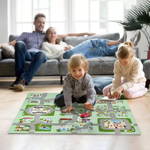 imageSorbus Traffic Play mat Puzzle Foam Interlocking Tiles  Kids Road Traffic Play Rug  Children Educational Playmat Rug  Great for Playing with Toy Cars Trucks 9 Tiles with Borders9 Piece  City