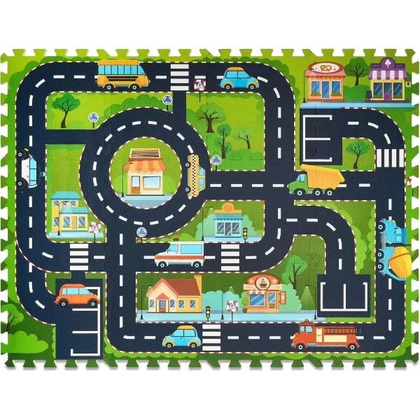 imageSorbus Traffic Play mat Puzzle Foam Interlocking Tiles  Kids Road Traffic Play Rug  Children Educational Playmat Rug  Great for Playing with Toy Cars Trucks 9 Tiles with Borders12 Piece  Town