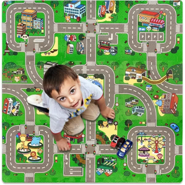 imageSorbus Traffic Play mat Puzzle Foam Interlocking Tiles  Kids Road Traffic Play Rug  Children Educational Playmat Rug  Great for Playing with Toy Cars Trucks 9 Tiles with Borders9 Piece  Block