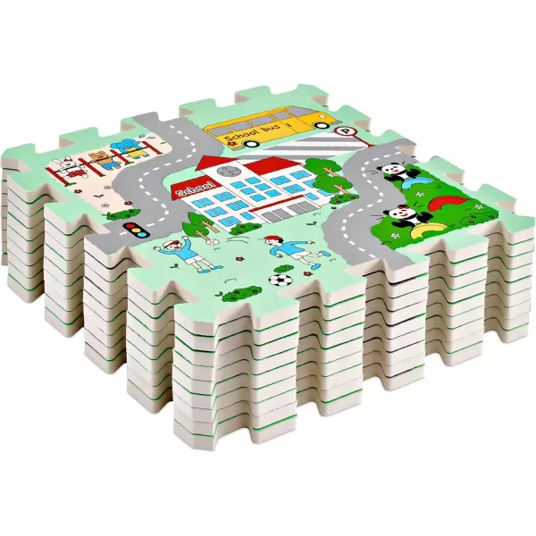imageSorbus Traffic Play mat Puzzle Foam Interlocking Tiles  Kids Road Traffic Play Rug  Children Educational Playmat Rug  Great for Playing with Toy Cars Trucks 9 Tiles with Borders9 Piece  City