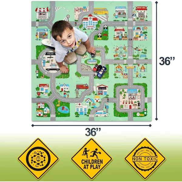 imageSorbus Traffic Play mat Puzzle Foam Interlocking Tiles  Kids Road Traffic Play Rug  Children Educational Playmat Rug  Great for Playing with Toy Cars Trucks 9 Tiles with Borders9 Piece  City