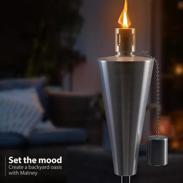 imageMatney Stainless Steel Tiki Torches for Outside  Outdoor Torches  Patio Garden ampamp Yard Lights  5 ft Oil Lamp for Citronella  Fiberglass Wick ampamp Snuffer Cap  Set of 2 Cone4 Pack