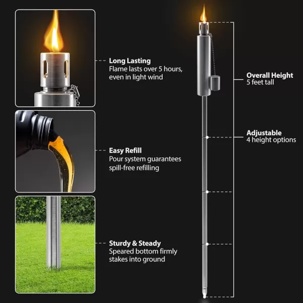 imageMatney Stainless Steel Tiki Torches for Outside  Outdoor Torches  Patio Garden ampamp Yard Lights  5 ft Oil Lamp for Citronella  Fiberglass Wick ampamp Snuffer Cap  Set of 2 Cone4 Pack