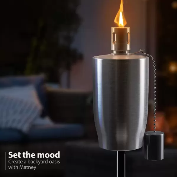 imageMatney Stainless Steel Tiki Torches for Outside  Outdoor Torches  Patio Garden ampamp Yard Lights  5 ft Oil Lamp for Citronella  Fiberglass Wick ampamp Snuffer Cap  Set of 2 Cone4 Pack