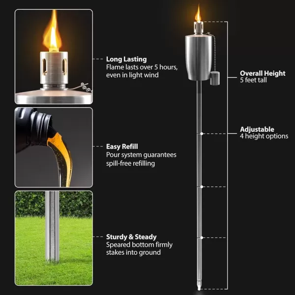 imageMatney Stainless Steel Tiki Torches for Outside  Outdoor Torches  Patio Garden ampamp Yard Lights  5 ft Oil Lamp for Citronella  Fiberglass Wick ampamp Snuffer Cap  Set of 2 Cone4 Pack