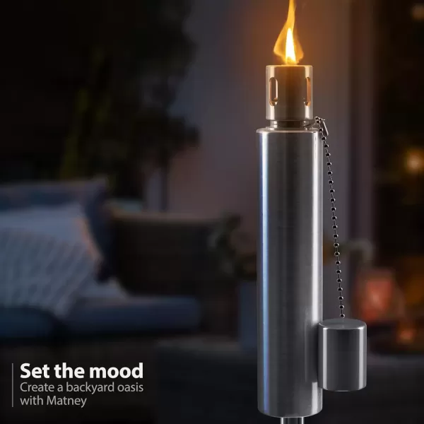 imageMatney Stainless Steel Tiki Torches for Outside  Outdoor Torches  Patio Garden ampamp Yard Lights  5 ft Oil Lamp for Citronella  Fiberglass Wick ampamp Snuffer Cap  Set of 2 Cone4 Pack