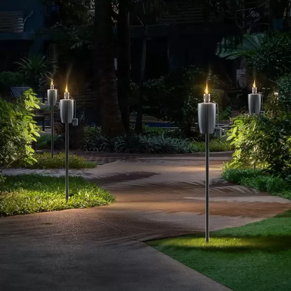 imageMatney Stainless Steel Tiki Torches for Outside  Outdoor Torches  Patio Garden ampamp Yard Lights  5 ft Oil Lamp for Citronella  Fiberglass Wick ampamp Snuffer Cap  Set of 2 Cone4 Pack