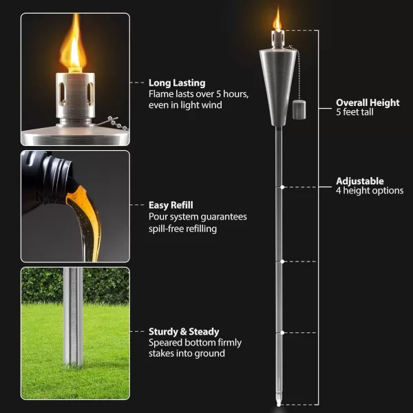 imageMatney Stainless Steel Tiki Torches for Outside  Outdoor Torches  Patio Garden ampamp Yard Lights  5 ft Oil Lamp for Citronella  Fiberglass Wick ampamp Snuffer Cap  Set of 2 Cone4 Pack