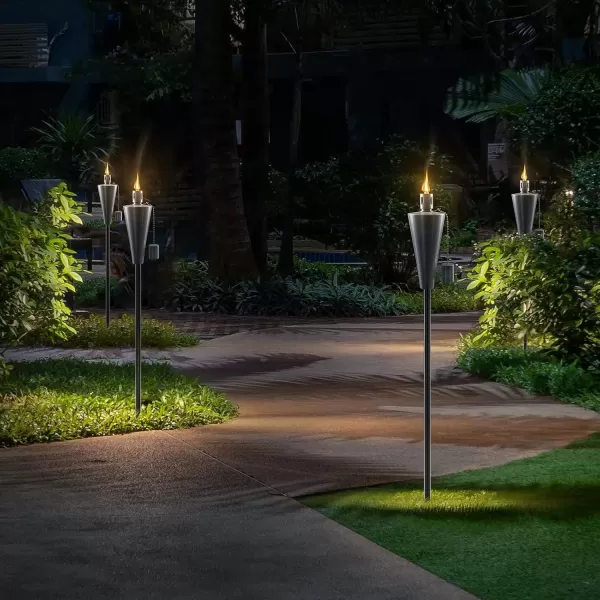 imageMatney Stainless Steel Tiki Torches for Outside  Outdoor Torches  Patio Garden ampamp Yard Lights  5 ft Oil Lamp for Citronella  Fiberglass Wick ampamp Snuffer Cap  Set of 2 Cone4 Pack