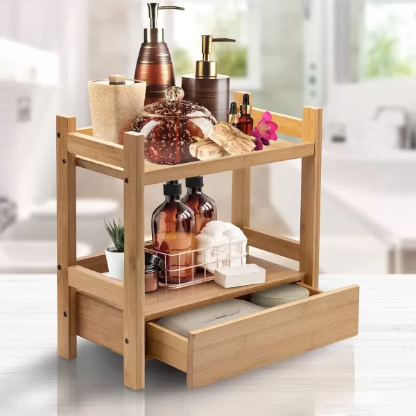 imageSorbus 2Tier Bamboo Countertop Shelf with Hidden Drawer  Makeup Organizer  MultiPurpose Storage for Skincare Toiletries Desktop  Display Stand Shelf for Bathroom Vanity Counter Kitchen Office