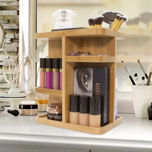 imageSorbus 360 Makeup Organizer  Bamboo Wood Make Up Storage Carousel for Cosmetics Skin Care Rotating Makeup Organizer for Vanity Bathroom StorageTan