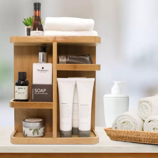 imageSorbus 360 Makeup Organizer  Bamboo Wood Make Up Storage Carousel for Cosmetics Skin Care Rotating Makeup Organizer for Vanity Bathroom StorageTan