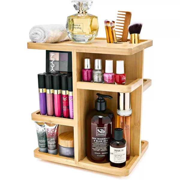 imageSorbus 360 Makeup Organizer  Bamboo Wood Make Up Storage Carousel for Cosmetics Skin Care Rotating Makeup Organizer for Vanity Bathroom StorageTan