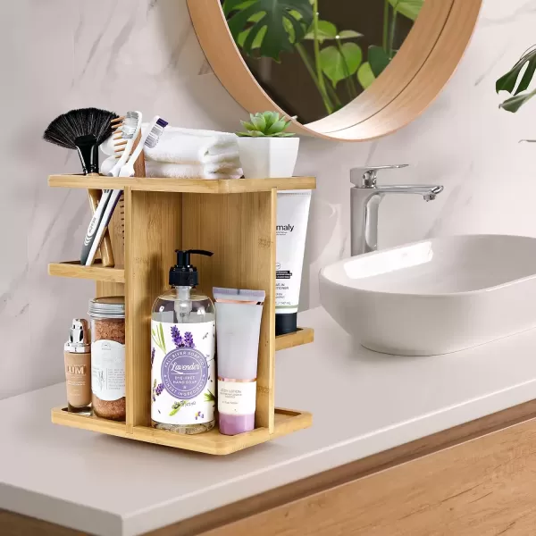 imageSorbus 360 Makeup Organizer  Bamboo Wood Make Up Storage Carousel for Cosmetics Skin Care Rotating Makeup Organizer for Vanity Bathroom StorageTan