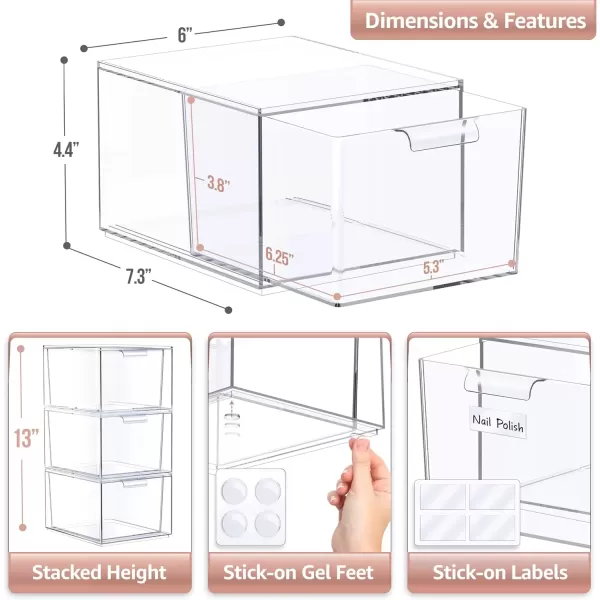 imageSorbus 4 Pack Makeup Organizer  Clear Stackable Acrylic Drawer Organizer for Vanity Bathroom Undersink Cabinets Jewelry Stationary Plastic Storage Bins for Office Organization and Storage3 Pack