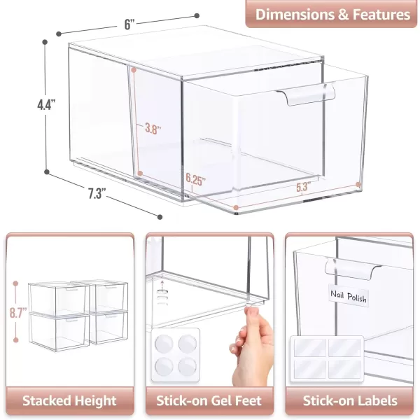 imageSorbus 4 Pack Makeup Organizer  Clear Stackable Acrylic Drawer Organizer for Vanity Bathroom Undersink Cabinets Jewelry Stationary Plastic Storage Bins for Office Organization and Storage4 Pack