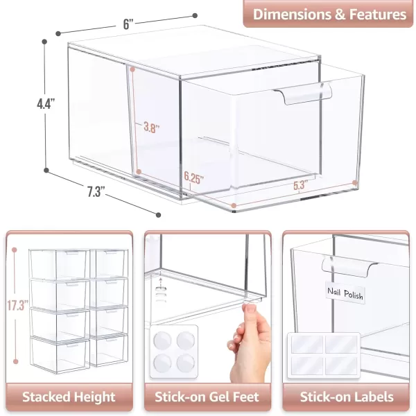 imageSorbus 4 Pack Makeup Organizer  Clear Stackable Acrylic Drawer Organizer for Vanity Bathroom Undersink Cabinets Jewelry Stationary Plastic Storage Bins for Office Organization and Storage8 Pack