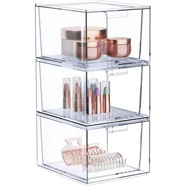 imageSorbus 4 Pack Makeup Organizer  Clear Stackable Acrylic Drawer Organizer for Vanity Bathroom Undersink Cabinets Jewelry Stationary Plastic Storage Bins for Office Organization and Storage3 Pack