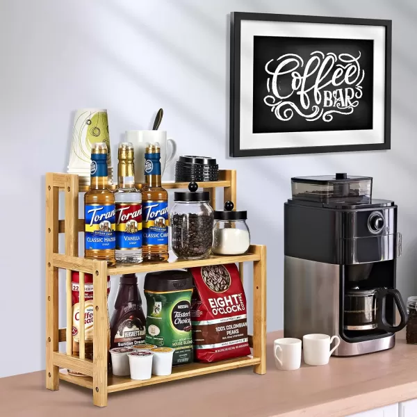 imageSorbus Coffee Bar Organizer  Bamboo Wooden Storage Shelf for Kitchen Countertop  Coffee Station Accessories Rack for Mugs Cream Syrup Cups Spices Kitchen Condiments 3Tier