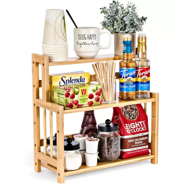 imageSorbus Coffee Bar Organizer  Bamboo Wooden Storage Shelf for Kitchen Countertop  Coffee Station Accessories Rack for Mugs Cream Syrup Cups Spices Kitchen Condiments 3Tier
