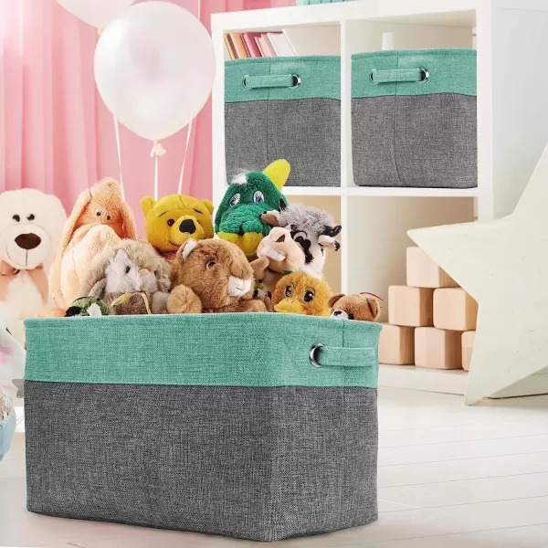 imageSorbus Fabric Storage Cubes 15 Inch Big Sturdy Collapsible Canvas Storage Bins with Dual Handles Foldable Closet Cubes Decorative Storage Baskets for Shelves  Home ampamp Office Use 3 Pack GreyTanTeal