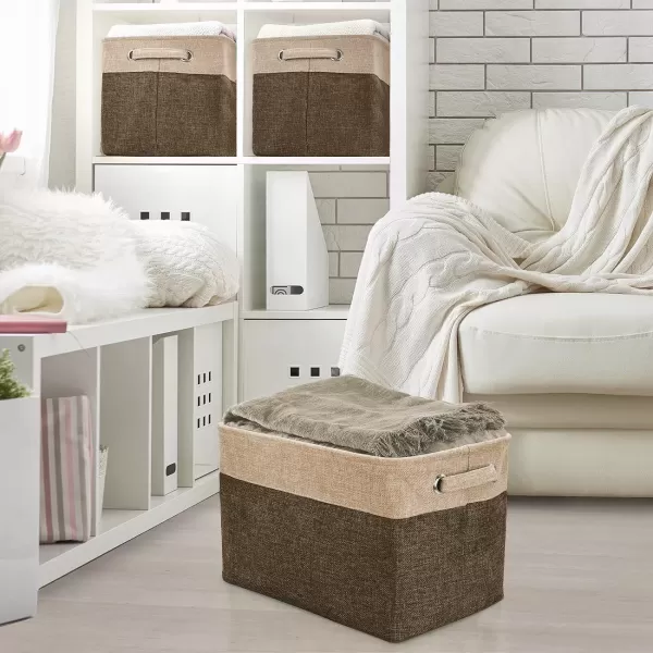 imageSorbus Fabric Storage Cubes 15 Inch Big Sturdy Collapsible Canvas Storage Bins with Dual Handles Foldable Closet Cubes Decorative Storage Baskets for Shelves  Home ampamp Office Use 3 Pack GreyTanBrown