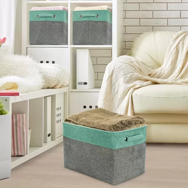 imageSorbus Fabric Storage Cubes 15 Inch Big Sturdy Collapsible Canvas Storage Bins with Dual Handles Foldable Closet Cubes Decorative Storage Baskets for Shelves  Home ampamp Office Use 3 Pack GreyTanTeal