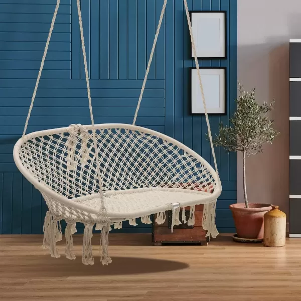 imageSorbus Hammock Chair Macrame Hanging Swing Bench Perfect for Indoor Outdoor Teens Girl Bedroom Home Room Patio Deck Yard Garden Knitted Floating Swinging Bench Double SwingFull