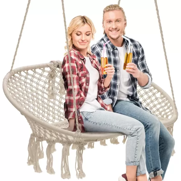 imageSorbus Hammock Chair Macrame Hanging Swing Bench Perfect for Indoor Outdoor Teens Girl Bedroom Home Room Patio Deck Yard Garden Knitted Floating Swinging Bench Double SwingFull