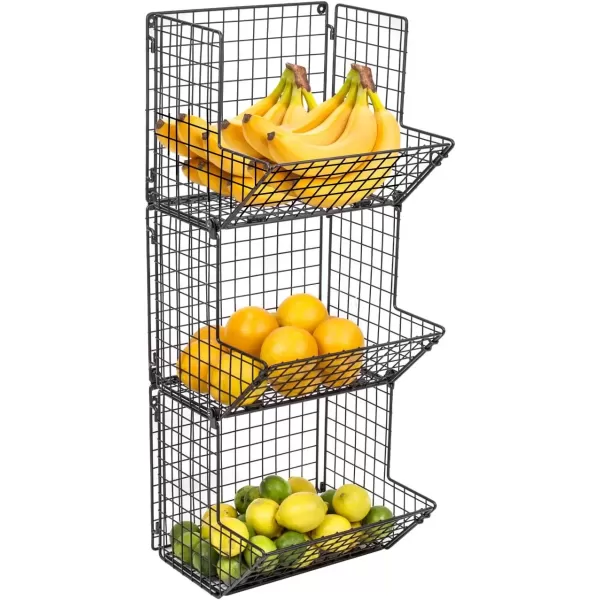 imageSorbus Hanging Fruit Basket Wall Mounted Wire Metal Bins  3 Tier Storage Basket Organizer for Kitchen Storage Great for Produce Fruits ampamp Vegetables Potato Onion Storage Bathroom Tower Black