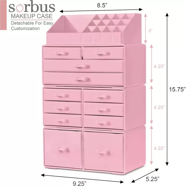 imageSorbus Large Makeup Organizer  Stackable Jewelry ampamp Makeup Organizer For Vanity Bathroom Storage Dresser  12 Drawers Cosmetic Beauty Organizers and Storage with Lipstick Makeup Brush HolderPink