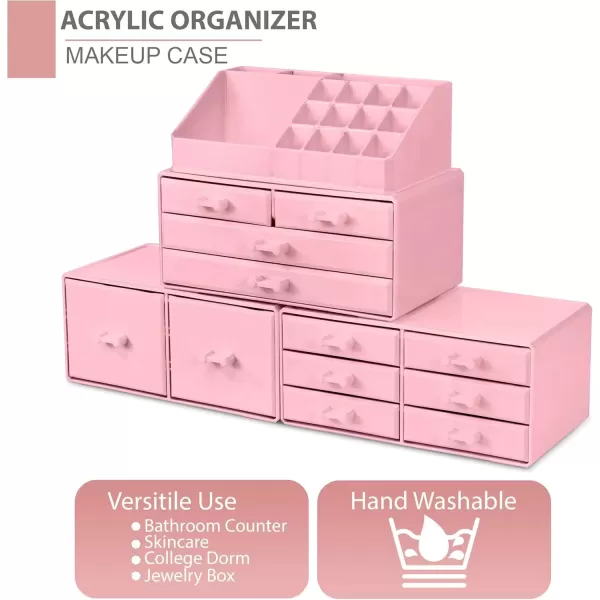 imageSorbus Large Makeup Organizer  Stackable Jewelry ampamp Makeup Organizer For Vanity Bathroom Storage Dresser  12 Drawers Cosmetic Beauty Organizers and Storage with Lipstick Makeup Brush HolderPink